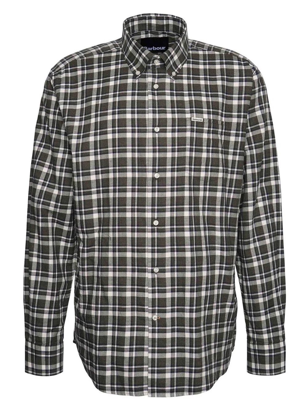 Barbour Olive Green White Black Plaid Button-Down Shirt
